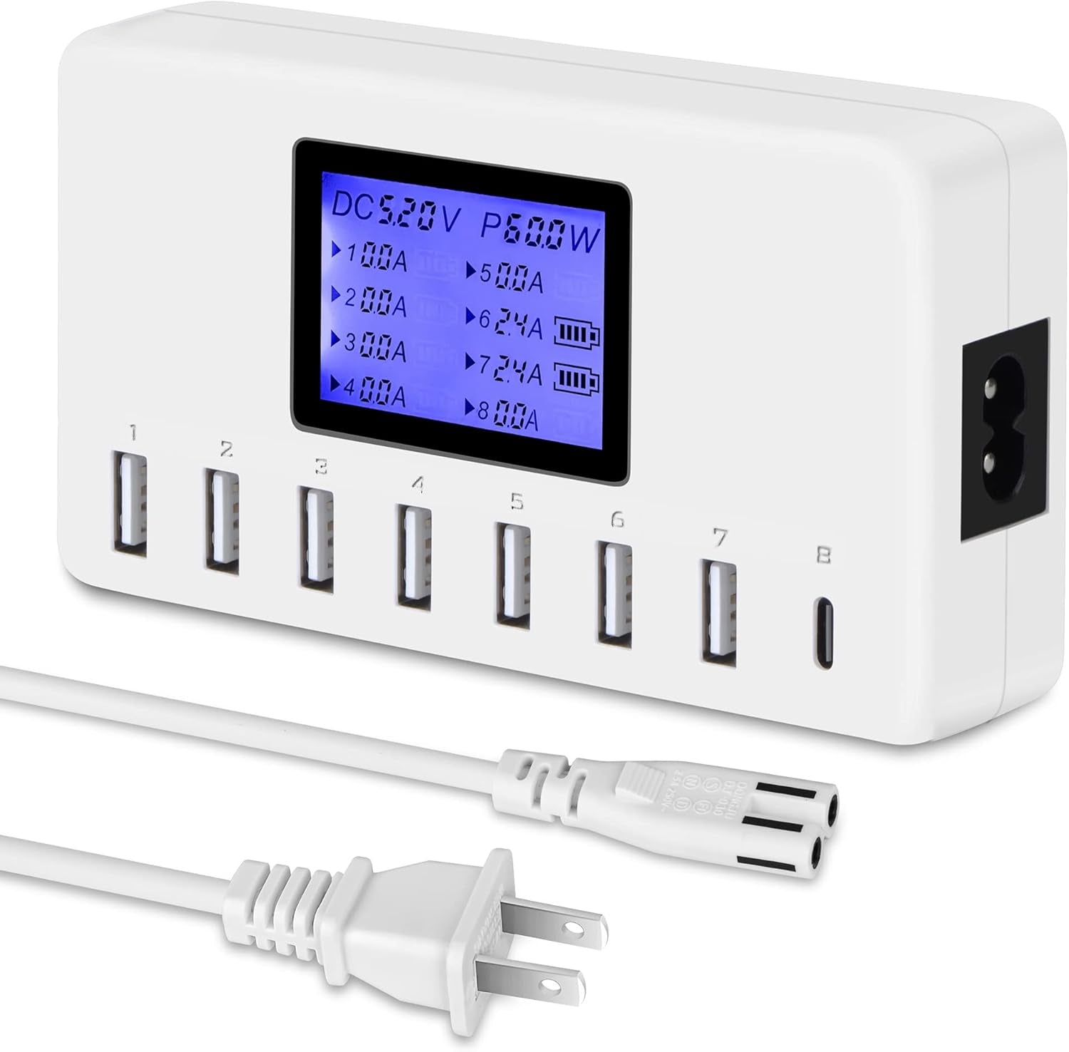 60W 8-Port USB Charging Station with LCD Display, 12A Multi-Port Fast Charger for iPhone, iPad, Samsung Galaxy, Kindle, Tablets, Bluetooth Earbuds & More
