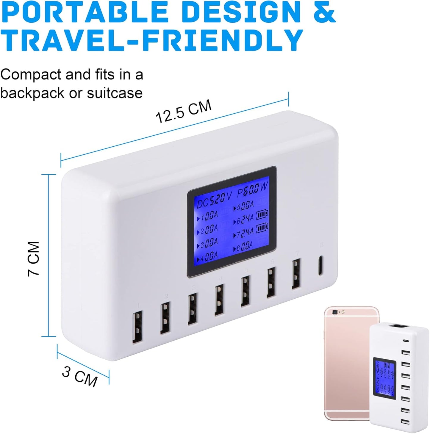 60W 8-Port USB Charging Station with LCD Display, 12A Multi-Port Fast Charger for iPhone, iPad, Samsung Galaxy, Kindle, Tablets, Bluetooth Earbuds & More