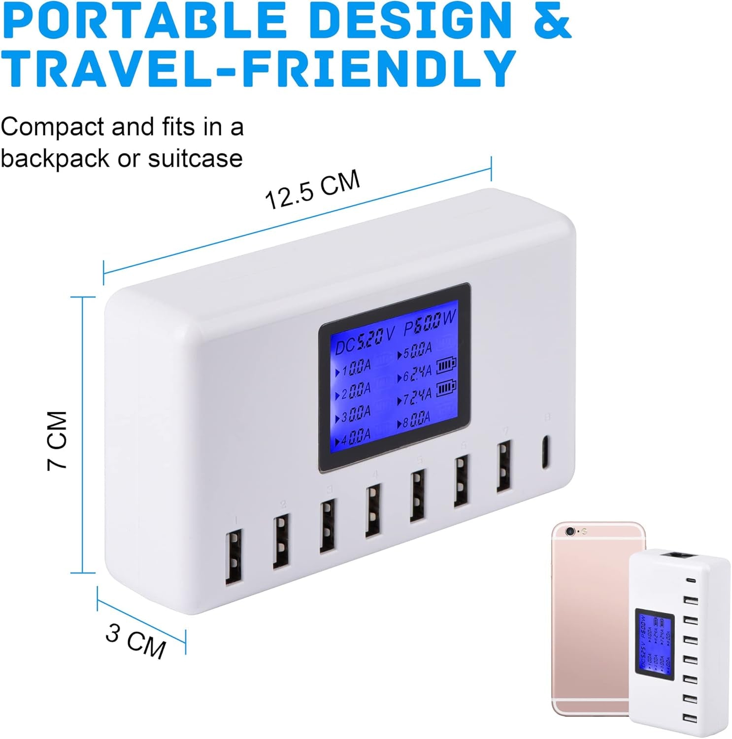 60W 8-Port USB Charging Station with LCD Display, 12A Multi-Port Fast Charger for iPhone, iPad, Samsung Galaxy, Kindle, Tablets, Bluetooth Earbuds & More