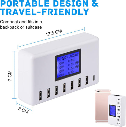 60W 8-Port USB Charging Station with LCD Display, 12A Multi-Port Fast Charger for iPhone, iPad, Samsung Galaxy, Kindle, Tablets, Bluetooth Earbuds & More