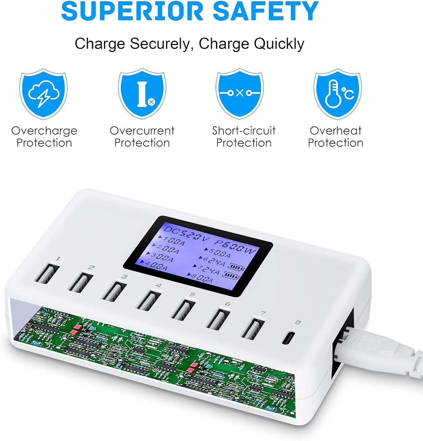 60W 8-Port USB Charging Station with LCD Display, 12A Multi-Port Fast Charger for iPhone, iPad, Samsung Galaxy, Kindle, Tablets, Bluetooth Earbuds & More