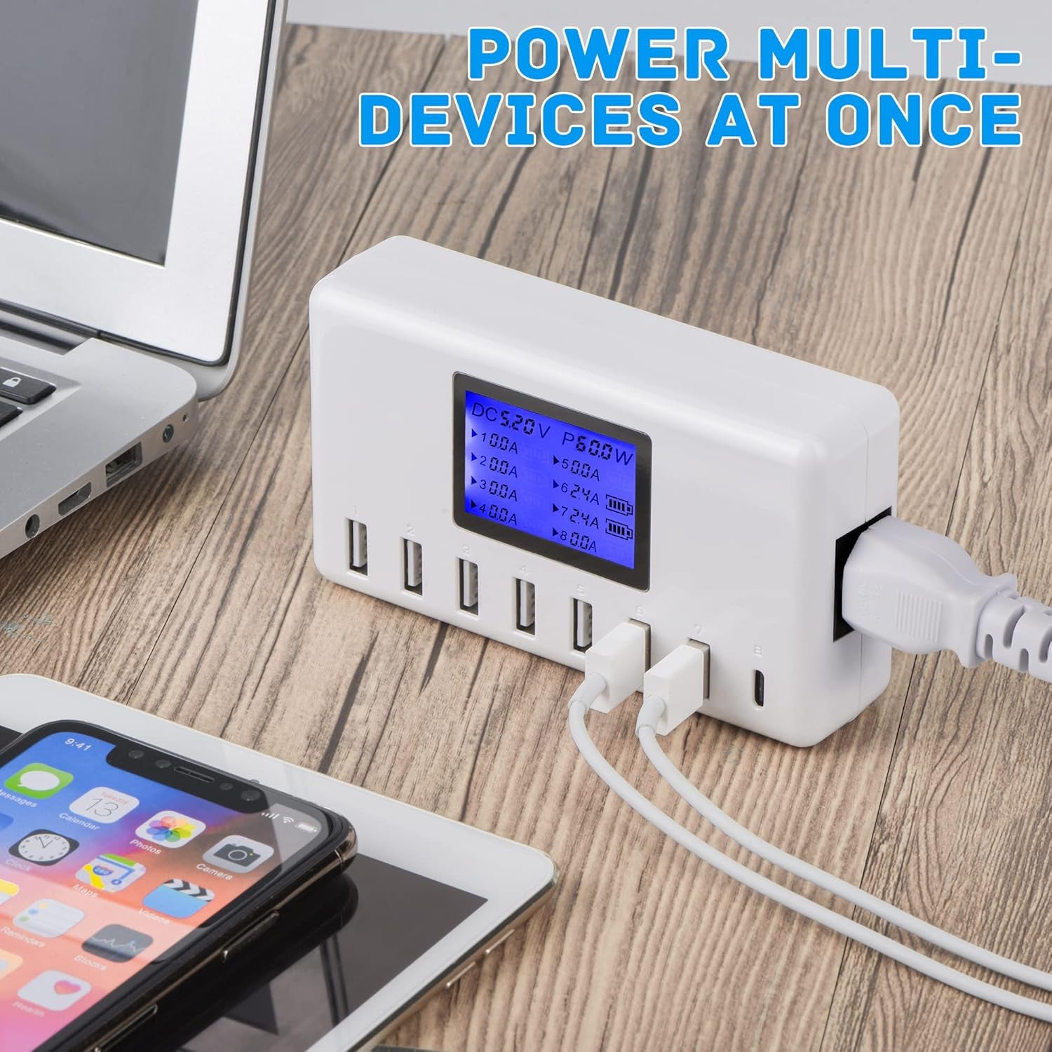 60W 8-Port USB Charging Station with LCD Display, 12A Multi-Port Fast Charger for iPhone, iPad, Samsung Galaxy, Kindle, Tablets, Bluetooth Earbuds & More