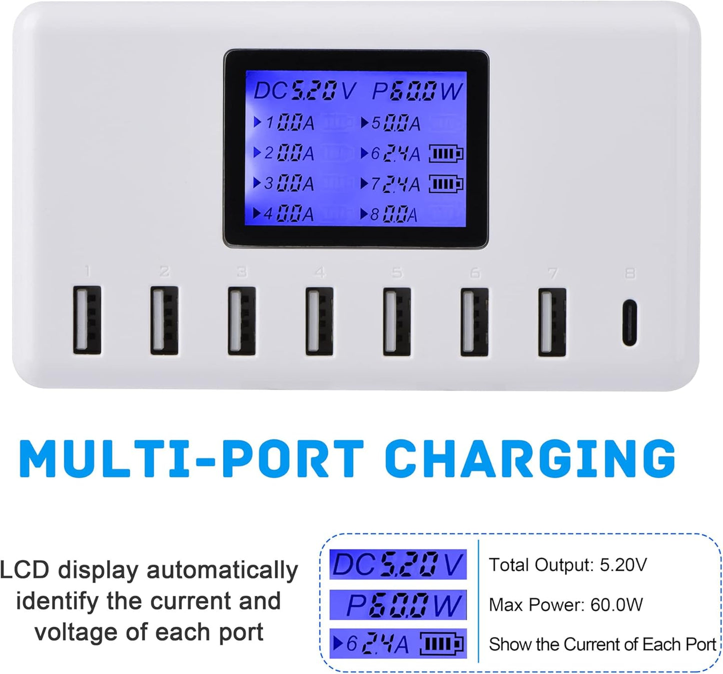60W 8-Port USB Charging Station with LCD Display, 12A Multi-Port Fast Charger for iPhone, iPad, Samsung Galaxy, Kindle, Tablets, Bluetooth Earbuds & More