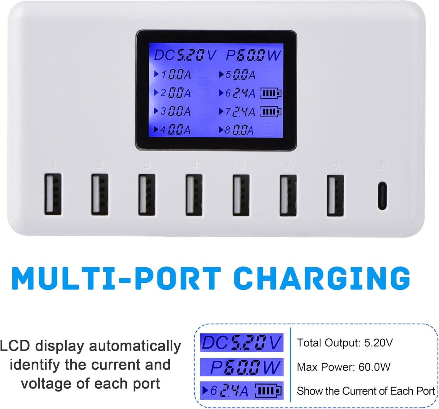 60W 8-Port USB Charging Station with LCD Display, 12A Multi-Port Fast Charger for iPhone, iPad, Samsung Galaxy, Kindle, Tablets, Bluetooth Earbuds & More