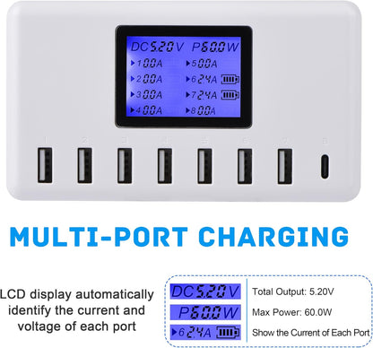 60W 8-Port USB Charging Station with LCD Display, 12A Multi-Port Fast Charger for iPhone, iPad, Samsung Galaxy, Kindle, Tablets, Bluetooth Earbuds & More